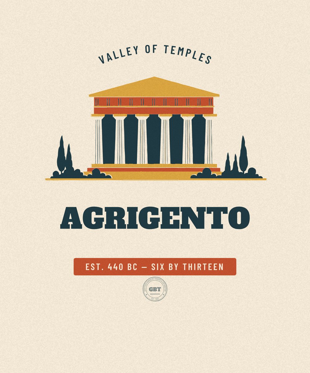 Agrigento — Six by Thirteen. Vintage travel badge drawn in flat colour, Gazetteer Bureau.