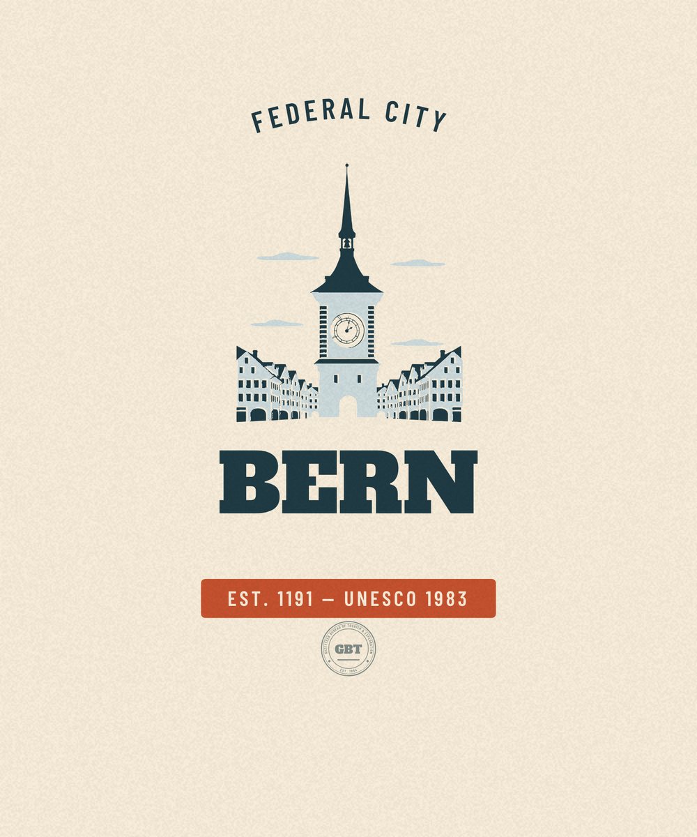 Bern — Unesco 1983. Vintage travel badge drawn in flat colour, Gazetteer Bureau.