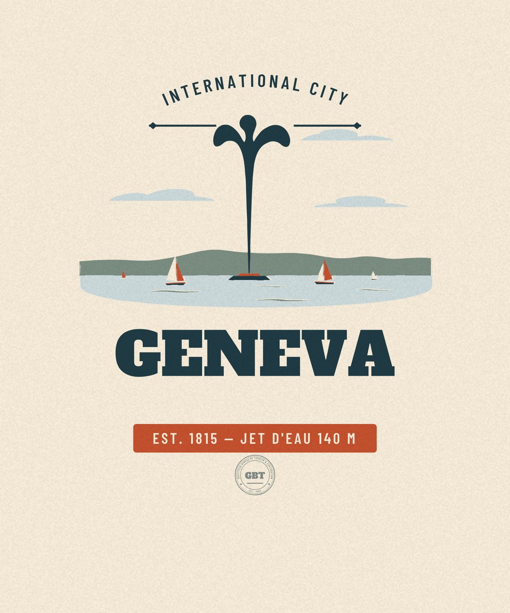Geneva — Jet d'eau 140 m. Écusson de voyage vintage dessiné en aplats, Gazetteer Bureau.