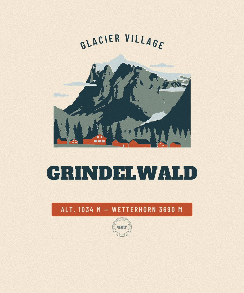 Grindelwald — Wetterhorn 3690 m. Écusson de voyage vintage dessiné en aplats, Gazetteer Bureau.