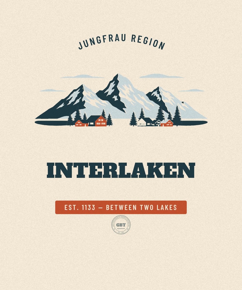 Interlaken — Between Two Lakes. Vintage reiseemblem tegnet i flate farger, Gazetteer Bureau.