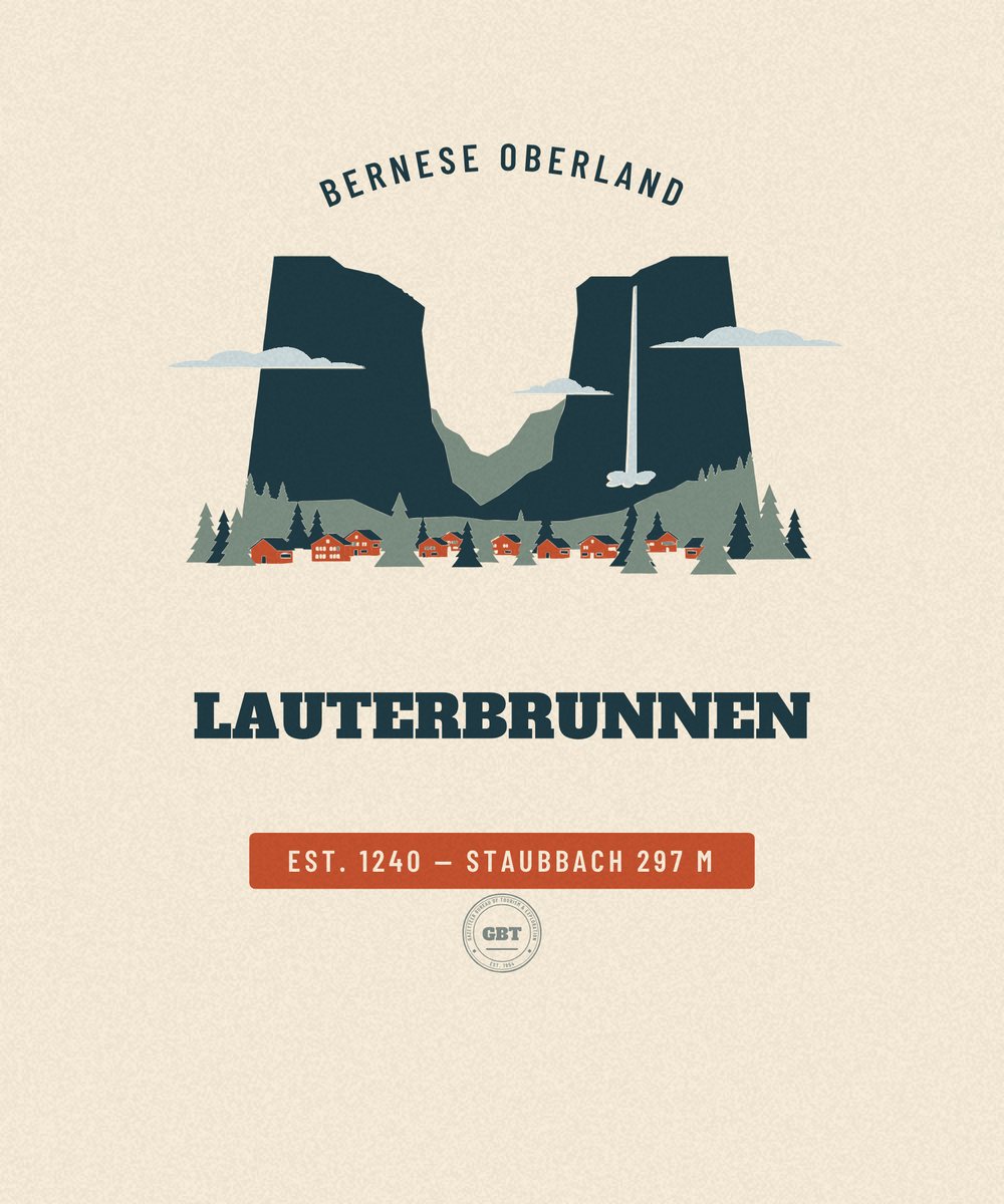 Lauterbrunnen — Staubbach 297 m. Vintage travel badge drawn in flat colour, Gazetteer Bureau.
