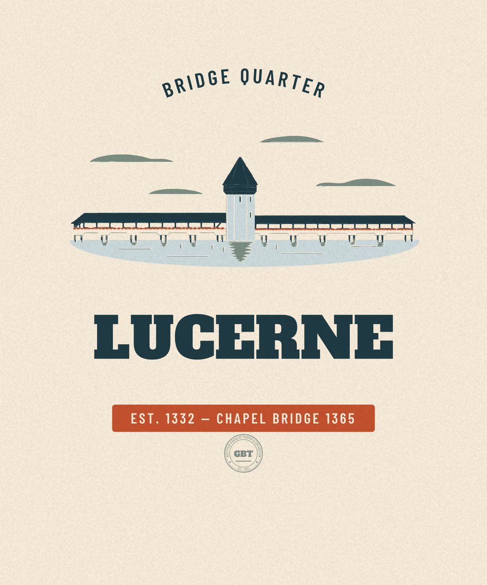 Lucerne — Chapel Bridge 1365. Vintage rejseemblem tegnet i flader, Gazetteer Bureau.