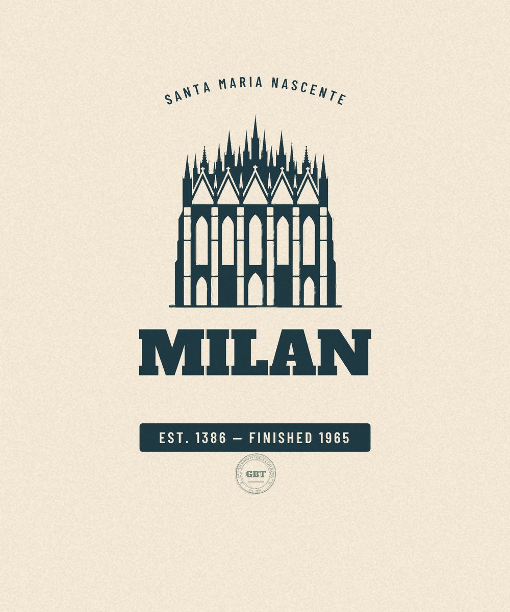 Milan — Finished 1965. Vintage travel badge drawn in flat colour, Gazetteer Bureau.