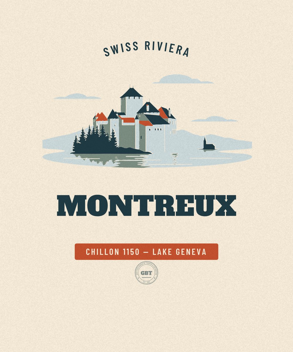 Montreux — Lake Geneva. Vintage travel badge drawn in flat colour, Gazetteer Bureau.