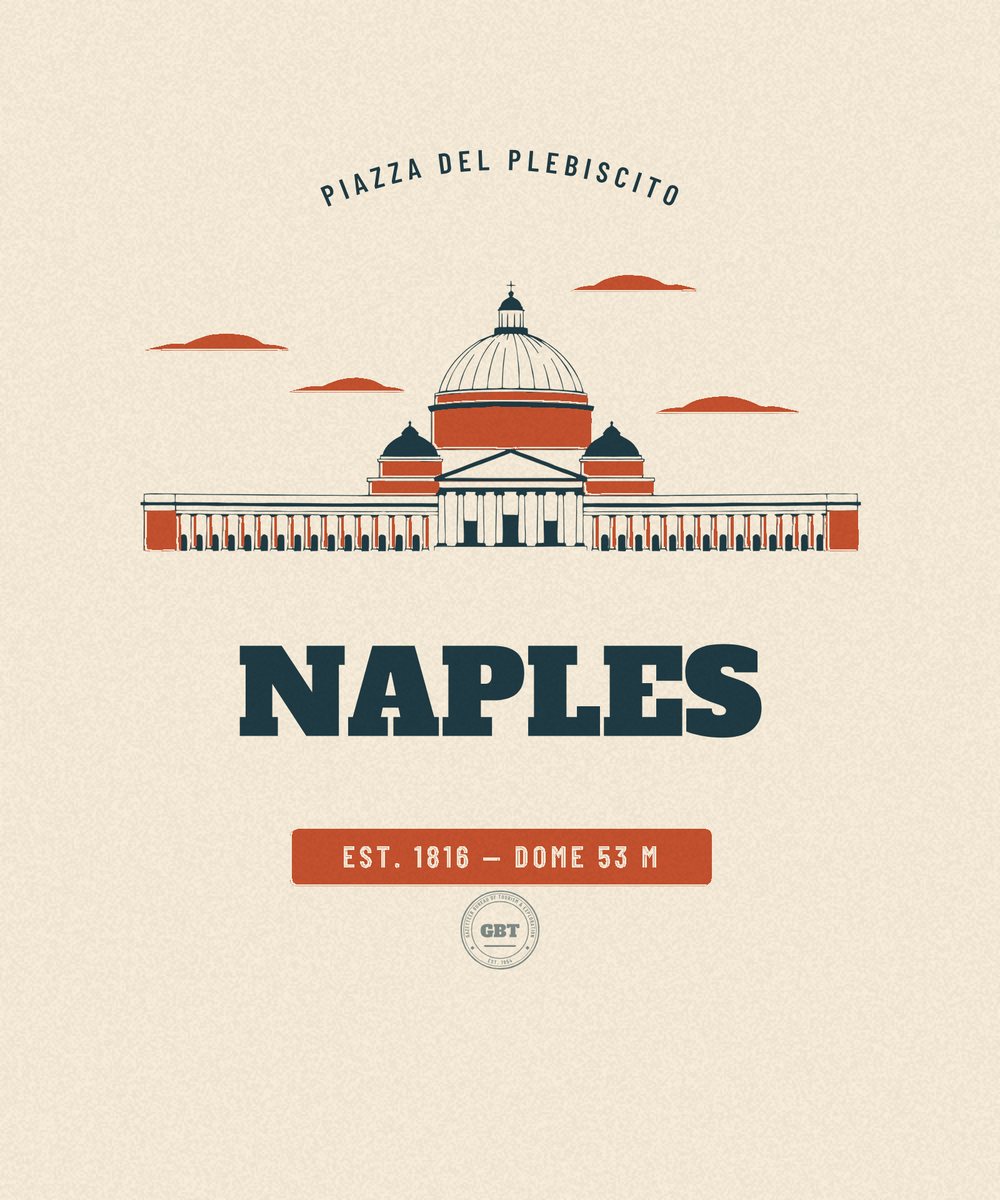 Naples — Dome 53 m. Vintage travel badge drawn in flat colour, Gazetteer Bureau.