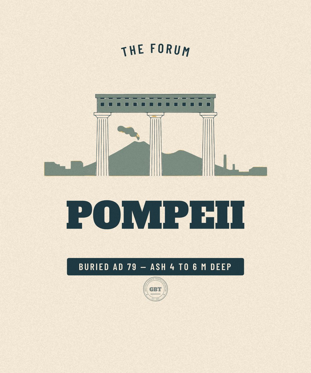 Pompeii — Ash 4 to 6 m Deep. Vintage travel badge drawn in flat colour, Gazetteer Bureau.