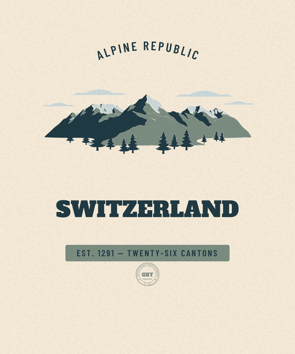 Switzerland — Twenty-Six Cantons. Vintage travel badge drawn in flat colour, Gazetteer Bureau.