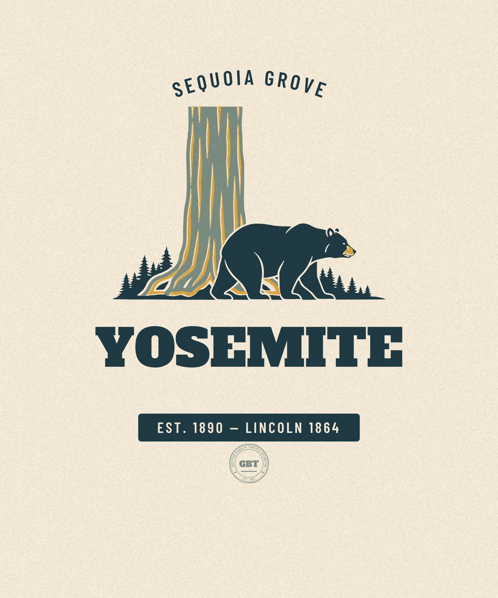 Yosemite — Lincoln 1864. Vintage travel badge drawn in flat colour, Gazetteer Bureau.