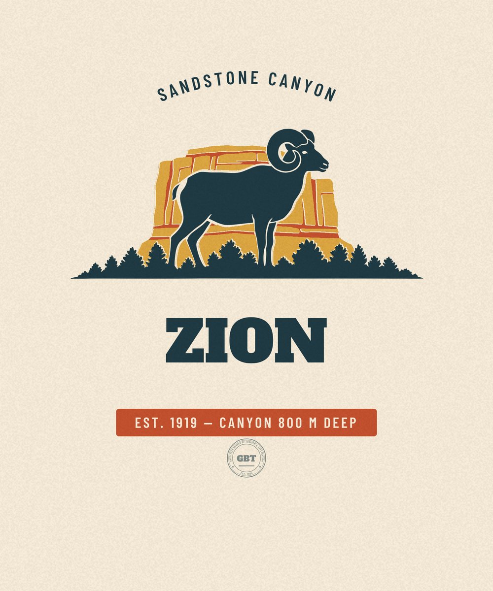 Zion — Canyon 800 m Deep. Vintage travel badge drawn in flat colour, Gazetteer Bureau.